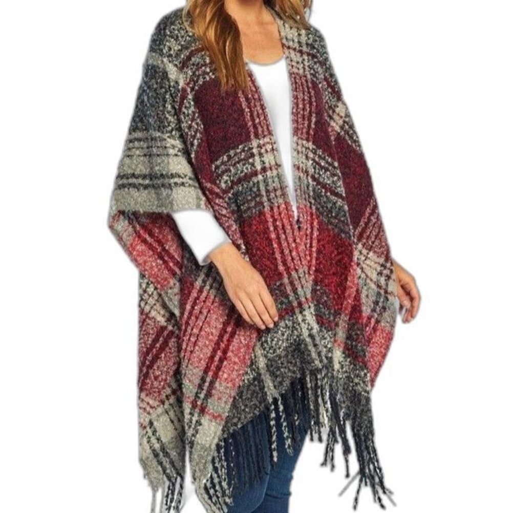 Woolrich Plaid Boho Shawl Fringe Trim Burgundy Soft Cozy One Size